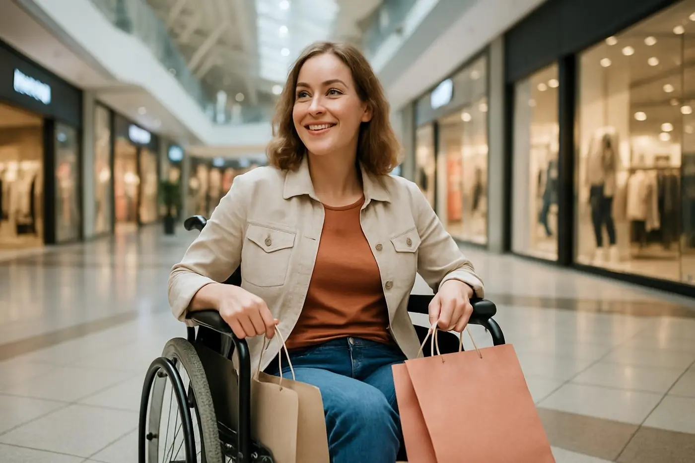 Frau im Rollstuhl in einer Shopping-Mall