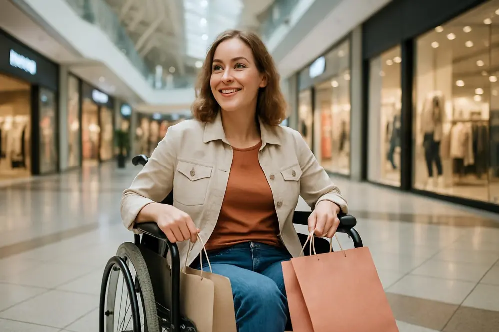 Frau im Rollstuhl in einer Shopping-Mall